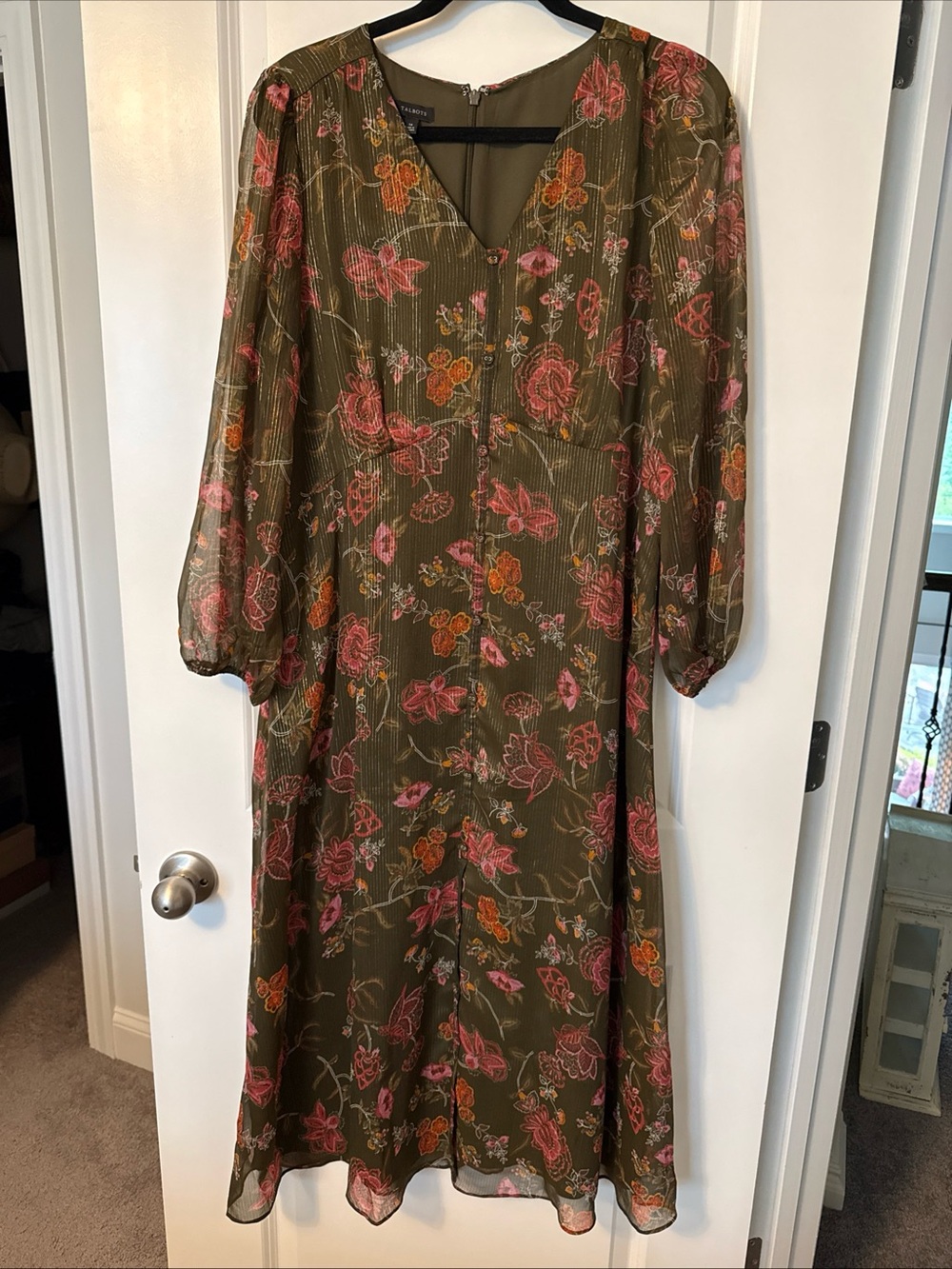 Talbots Women 14 Graceful Floral Midi Dress Balloon Sleeve Metallic Olive Green